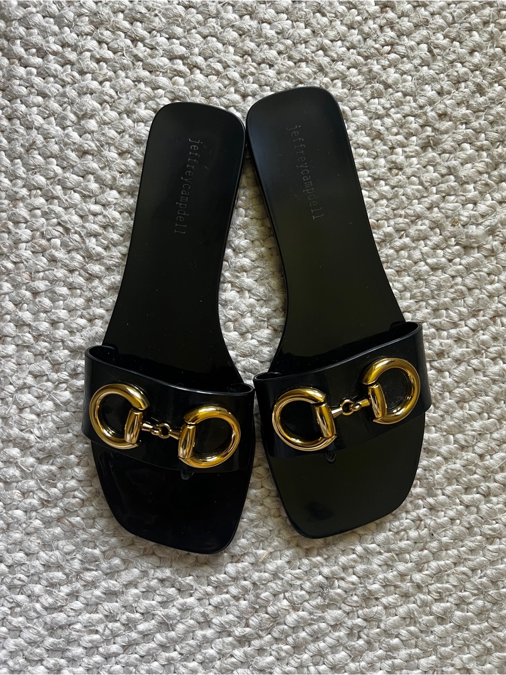 Jeffrey Campbell Black Jelly Slide Sandals with Gold Horsebit Accent